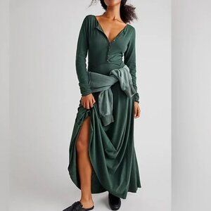 Free People FP Beach Daybreak Vintage Yoke Henley GREEN Maxi Dress LARGE BOHO